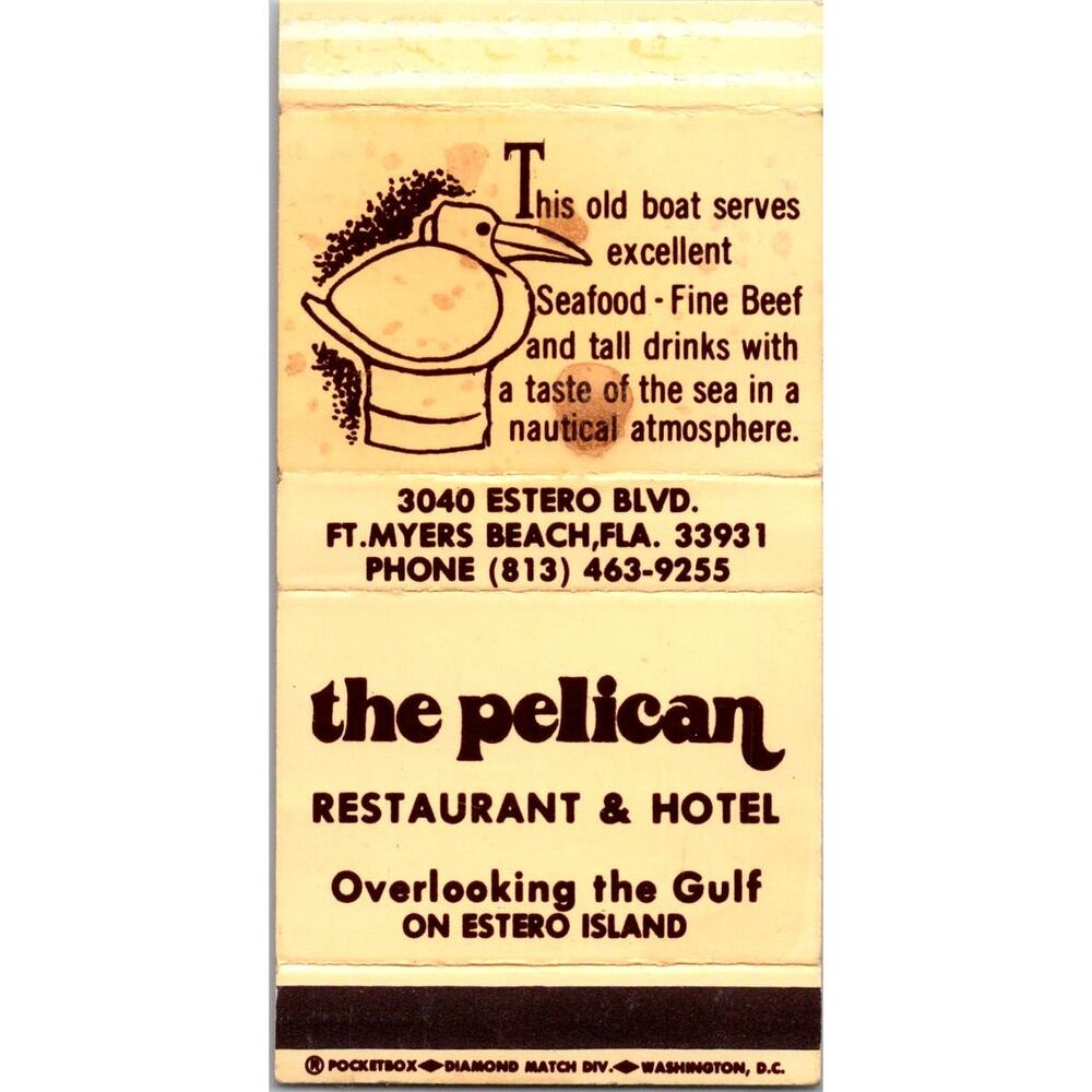 The Pelican Restaurant & Hotel Ft. Meyers FL Vintage Matchbook Matchbox SMM21-2